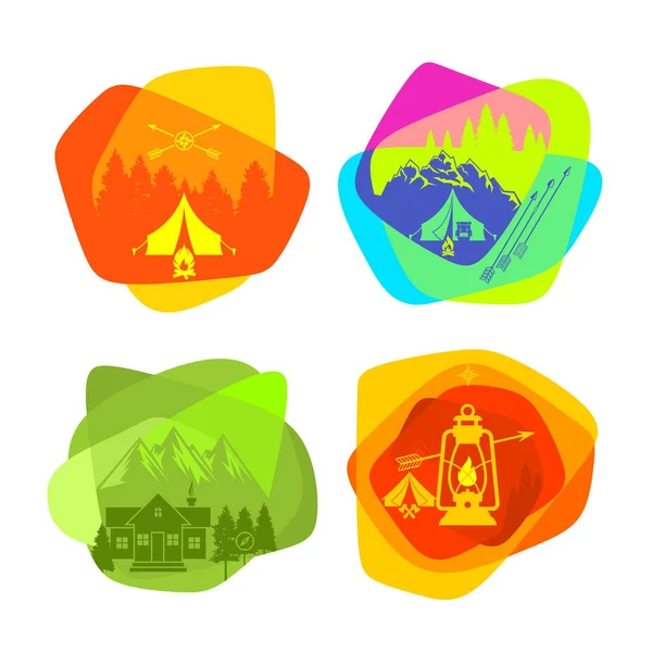 Conjunto Logotipos Colores Brillantes Para Camping Recreación Aire Libre — Vector de stock