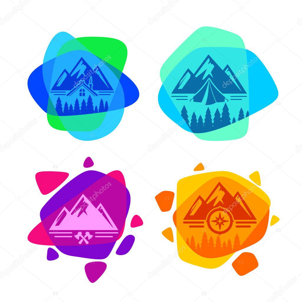 Set of bright colored logos for camping and outdoor recreation