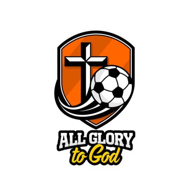 Atletik Hıristiyan logo. Altın kalkan, İsa'nın haç ve uçan bir futbol topu. Amblem için rekabet, Bakanlığı, konferans, kamp, seminer, vb..