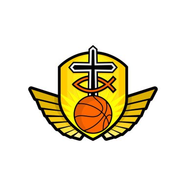 Hıristiyan spor logosu. Altın kalkan, İsa, balık, kanatları ve basketbol işareti çapraz. Amblem için rekabet, Bakanlığı, konferans, kamp, seminer, vb..