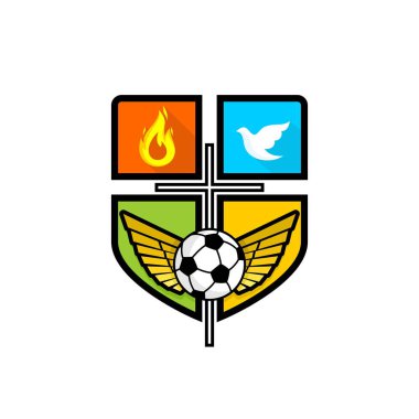 Atletik Hıristiyan logo. İsa Mesih'in haç yaymak kanatlarını, alev, güvercin ve futbol topu. Amblem için rekabet, Bakanlığı, konferans, kamp, seminer, vb..