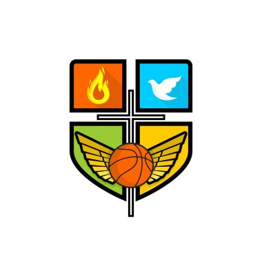Atletik Hıristiyan logo. İsa Mesih'in haç uzanmış kanatları, alev, güvercin ve basketbol. Amblem için rekabet, Bakanlığı, konferans, kamp, seminer, vb..
