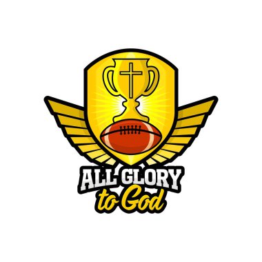 Atletik Hıristiyan logo. Altın kalkan, kadehi, kanat ve rugby topu. Amblem için rekabet, Bakanlığı, konferans, kamp, seminer, vb..