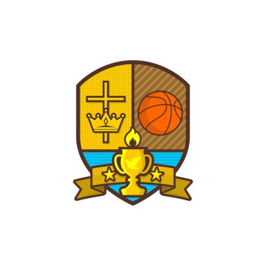 Hıristiyan spor logosu. Kalkan, kadehi, İsa'nın Haç taç. Basketbol. Rekabet, club, kamp, turnuva, Bakanlığı amblemi.