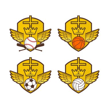 Hıristiyan spor logosu. Kalkan, kanatlar, İsa'nın Haç. Futbol, basketbol, voleybol ve beyzbol.