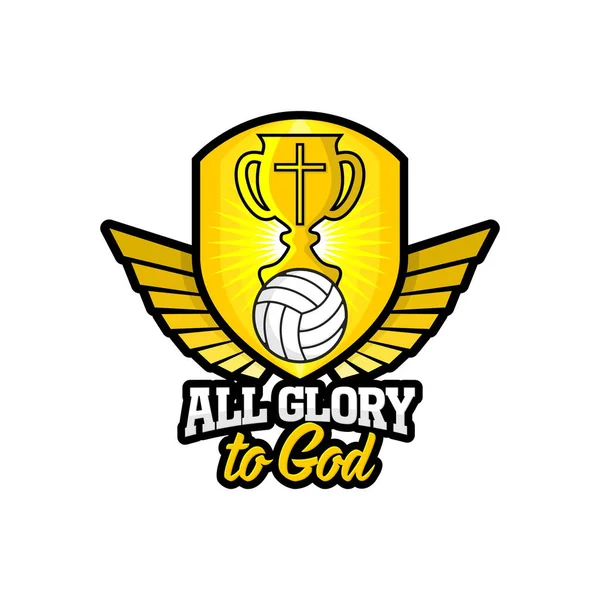 Atletische Christelijke Logo Gouden Schild Goblet Vleugels Volleybal Embleem Voor — Stockvector
