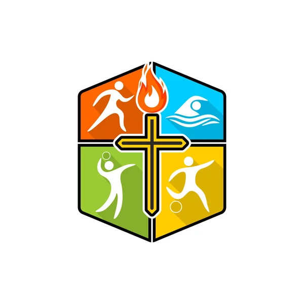 Атлетический Христианский Логотип Различные Виды Спорта Разноцветном Щите Крест Иисуса — стоковый вектор
