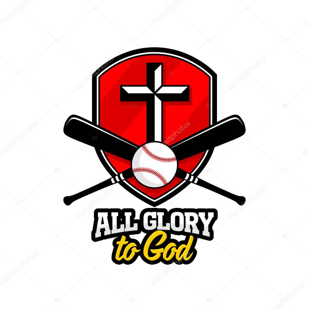 Athletic Christian logo. The golden shield, the cross of Jesus and the baseball with a bat. Emblem for competition, ministry, conference, camp, seminar, etc.