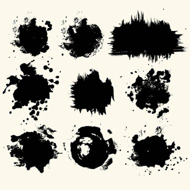 Siyah boya, vuruş, fırça darbeleri, lekeleri ve su sıçramalarına, kirli çizgiler, sert dokular ile smear topluluğu. Sanatsal tasarım unsurları.