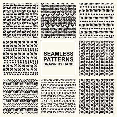 Mürekkeple yapılmış el çekilmiş Dikişsiz desen vektör kümesi. FreeHand dokular kumaş, basımcılık, web tasarımı için.
