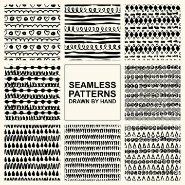 Mürekkeple yapılmış el çekilmiş Dikişsiz desen vektör kümesi. FreeHand dokular kumaş, basımcılık, web tasarımı için.