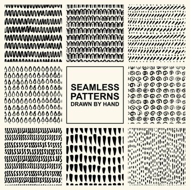 Mürekkeple yapılmış el çekilmiş Dikişsiz desen vektör kümesi. FreeHand dokular kumaş, basımcılık, web tasarımı için.