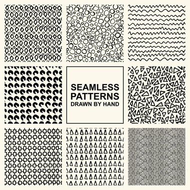 Mürekkeple yapılmış el çekilmiş Dikişsiz desen vektör kümesi. FreeHand dokular kumaş, basımcılık, web tasarımı için.