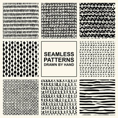 Mürekkeple yapılmış el çekilmiş Dikişsiz desen vektör kümesi. FreeHand dokular kumaş, basımcılık, web tasarımı için.