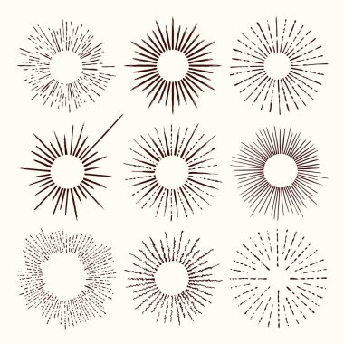 Çizilmiş retro sunburst/patlama ışınları el tasarım öğeleri kümesi ve trendy topluluğu.