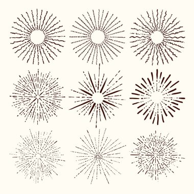 Çizilmiş retro sunburst/patlama ışınları el tasarım öğeleri kümesi ve trendy topluluğu.