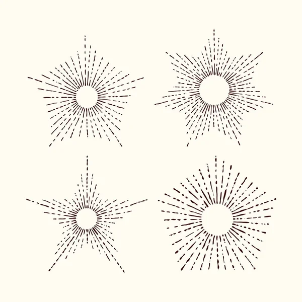 Set Och Samling Trendiga Hand Dras Retro Sunburst Spricker Strålar — Stock vektor