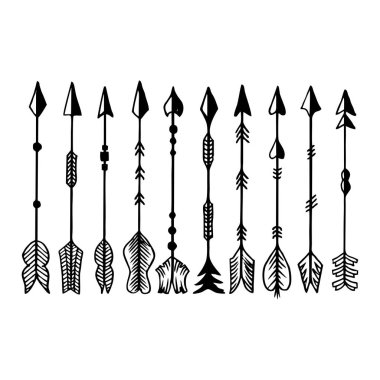 Kamp sembolleri. Elle çizilmiş okları kümesi.
