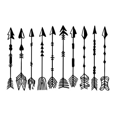 Kamp sembolleri. Elle çizilmiş okları kümesi.