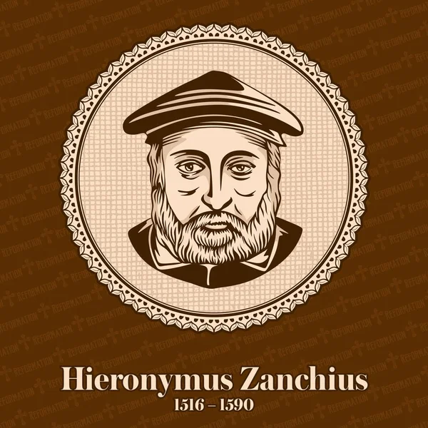 ヒエロニムス Zanchius 1516 1590 は聖職者イタリアのプロテスタントの宗教改革とカルヴァンの死に続く年の間に改良された神学の発展に影響を与えた教育者だった キリスト教の図 — ストックベクタ