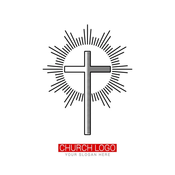 Kyrkan Logotypen Kristna Symboler Korsa Frälsaren Jesus Kristus Lysande — Stock vektor