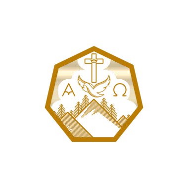 Kilise logosunu görmeniz gerekir. Hıristiyan sembolleri. Dağlar, İsa'nın Haç, güvercin ve Alfa ve omega.