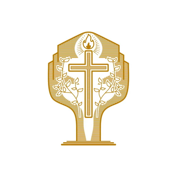 Logo Iglesia Símbolos Cristianos Cruz Jesús Llama Del Espíritu Santo — Archivo Imágenes Vectoriales