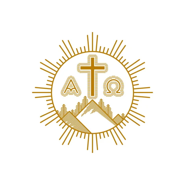 Kilise logosunu görmeniz gerekir. Hıristiyan sembolleri. Dağlar, İsa, Alfa ve omega'nın çapraz.