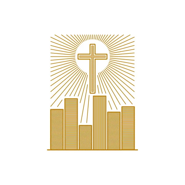 Logo Iglesia Símbolos Cristianos Cruz Jesucristo Sobre Ciudad — Vector de stock