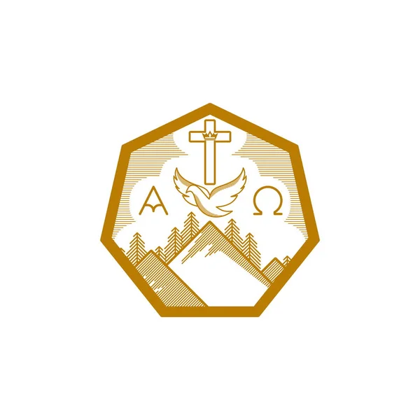 Logo Kościoła Symboli Chrześcijańskich Góry Krzyża Chrystusowego Gołąb Alfa Omega — Wektor stockowy