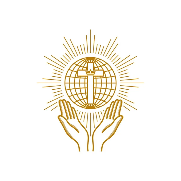 Kostel Logo Křesťanské Symboly Modlitbě Ruce Obrátil Kříž Pozadí Světa — Stockový vektor