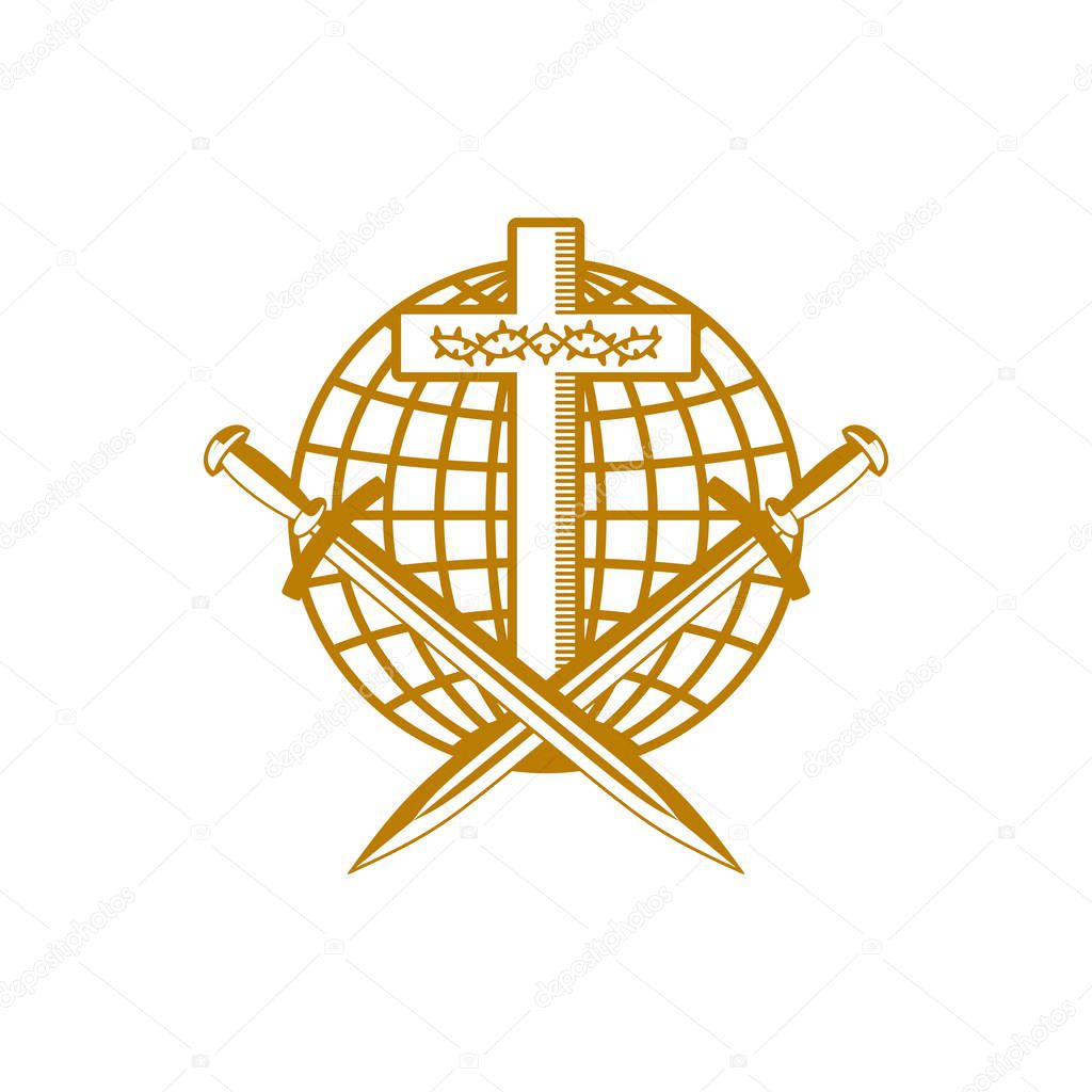 Church logo. Christian symbols. Cross of Jesus Christ, globe, crown of thorns and swords.