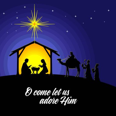 İncil'deki illüstrasyon. Noel hikayesi. Mary ve Joseph ile bebek İsa. Doğum sahnesi Bethlehem şehir yakınında. Bilge adamlar ibadet İsa gitmek.