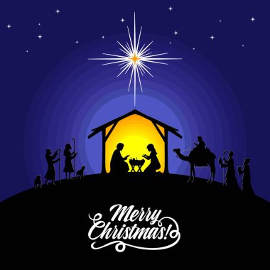 İncil'deki illüstrasyon. Noel hikayesi. Mary ve Joseph ile bebek İsa. Doğum sahnesi Bethlehem şehir yakınında. İsa'nın ibadete çobanlar ve bilge adamlar geldi.
