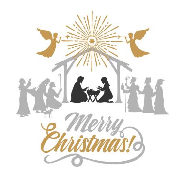 İncil'deki illüstrasyon. Noel hikayesi. Mary ve Joseph ile bebek İsa. Doğum sahnesi Bethlehem şehir yakınında. Çobanlar ve bilge adamlar Mesih ibadet geldi. Melekler herald iyi haber.