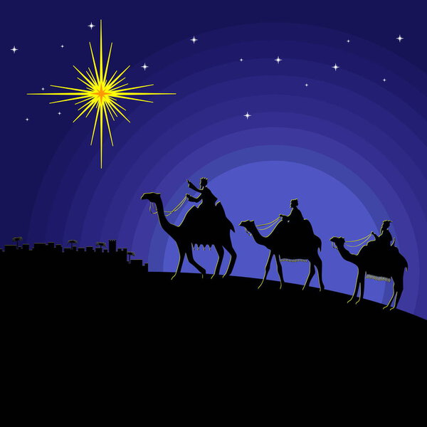 Biblical illustration. The wise men go to Bethlehem to worship the born baby Christ.