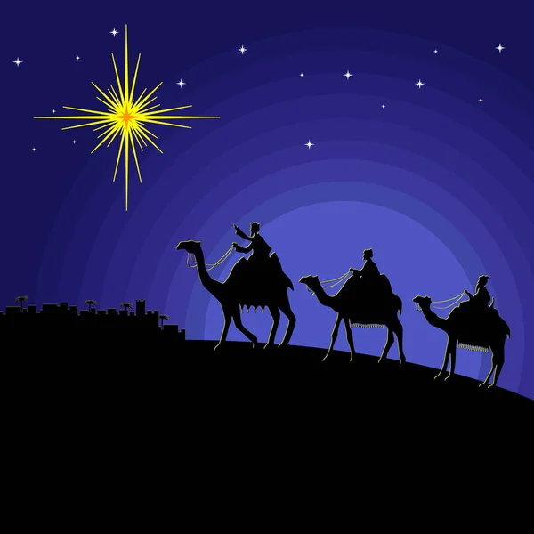 Biblical Illustration Wise Men Bethlehem Worship Born Baby Christ — Stock Vector