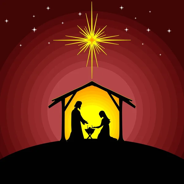 圣经的例证 圣诞节的故事 玛利亚和约瑟夫与婴儿耶稣 伯利恒市附近的耶稣诞生场景 — 图库矢量图片#