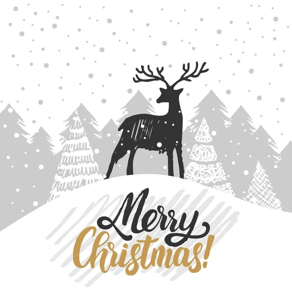 Weihnachtsgrußkarte Weihnachtsbäume Mit Schnee Bedeckt Hirsche Schriftzug Frohe Weihnachten — Stockvektor