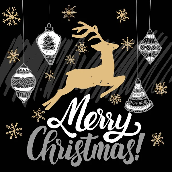 Weihnachtsgrußkarte Weihnachtsbäume Mit Schnee Bedeckt Hirsche Schriftzug Frohe Weihnachten — Stockvektor