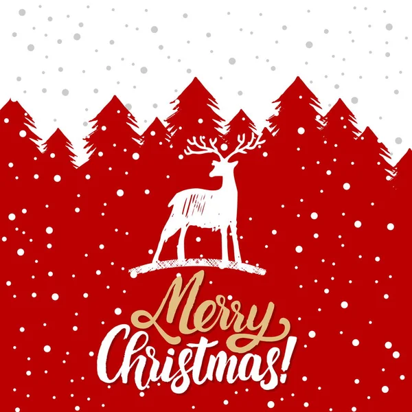 Carte Voeux Noël Arbres Noël Couverts Neige Cerfs Lettrage Joyeux — Image vectorielle