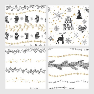 Güzel sorunsuz Noel ve kış modelleri, el ile çizilmiş. Birçok festival öğeleri ve desenler. Vektör grafikleri ve illüstrasyon.