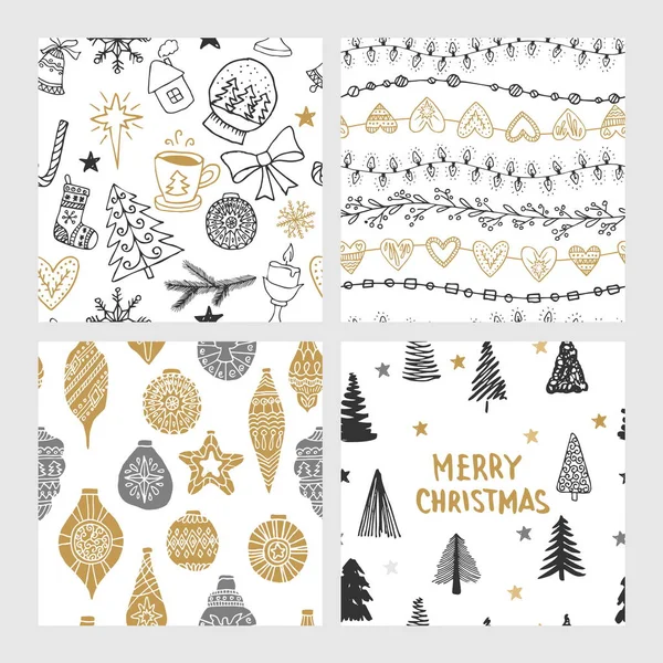 Beautiful Seamless Christmas Winter Patterns Drawn Hand Many Festive Elements — Stock Vector