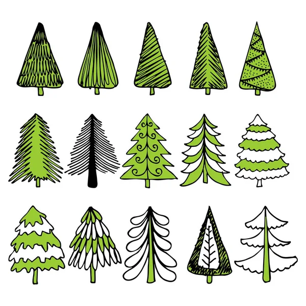 Arbres Noël Dessinés Main Pour Les Illustrations Hiver Vacances — Image vectorielle