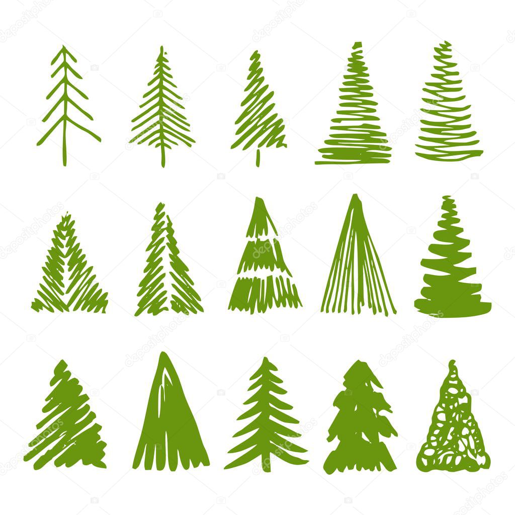 Hand-drawn Christmas trees for winter and holiday illustrations.