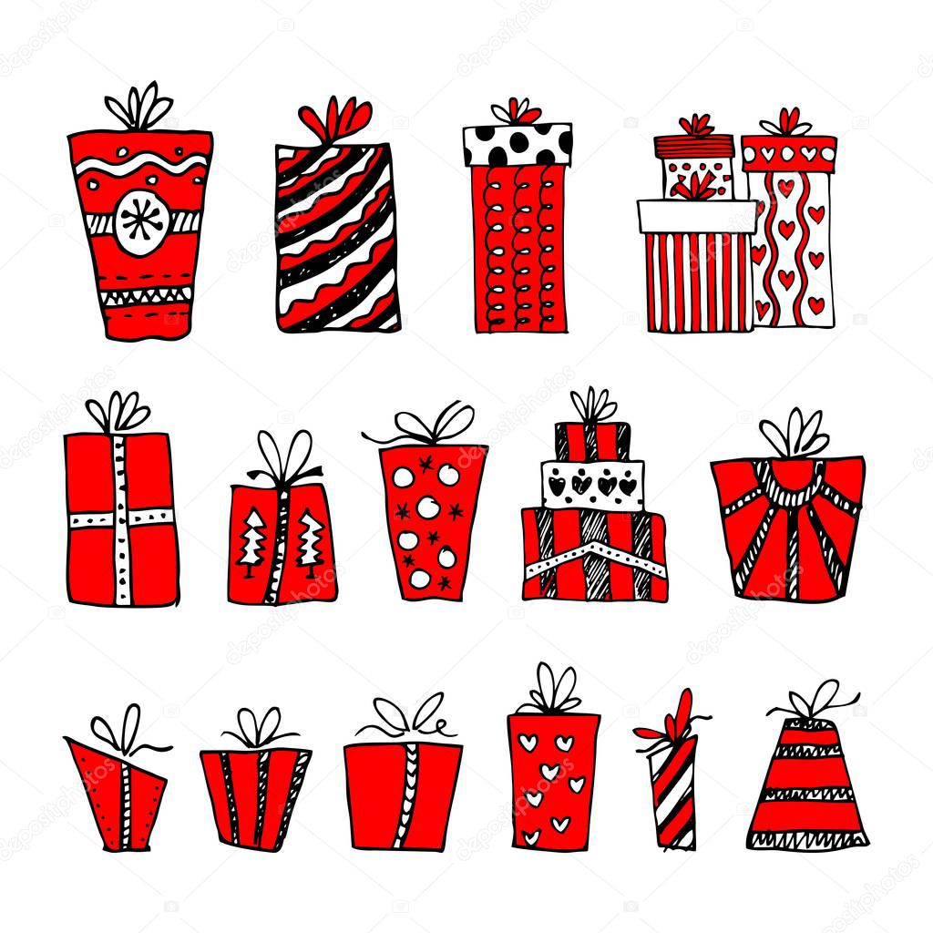 Hand-drawn Christmas gifts and boxes for winter and holiday illustrations.