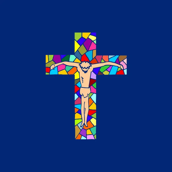 Señor Jesús Cruz Cruz Dibujada Mano Estilo Mosaico Símbolos Cristianos — Archivo Imágenes Vectoriales