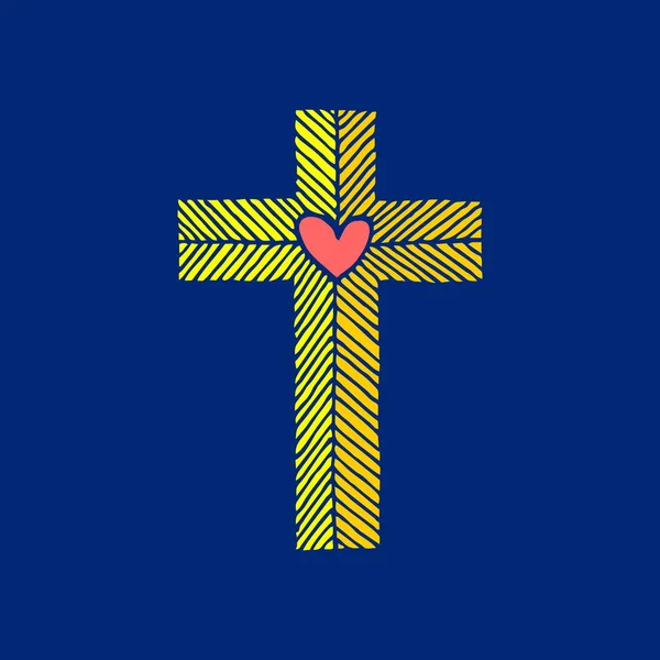 Cruz Del Señor Salvador Jesucristo Con Corazón Atraída Mano Símbolos — Vector de stock