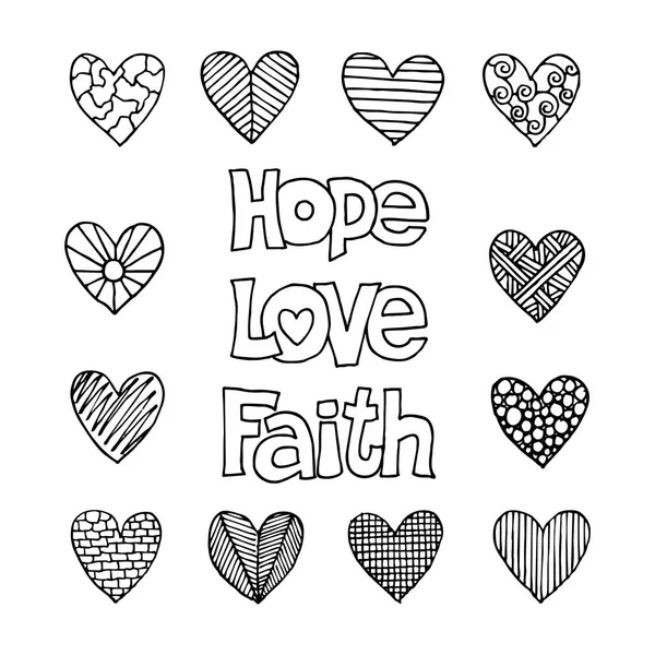 Christian Inscriptions Hearts Drawn Hand Biblical Vector Illustrations Icons — Stock Vector