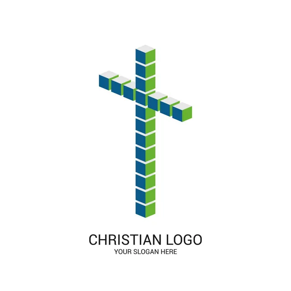 Křesťanské Církevní Logo Bibli Symboly Kříž Ježíše Krista Skládá Kostek — Stockový vektor